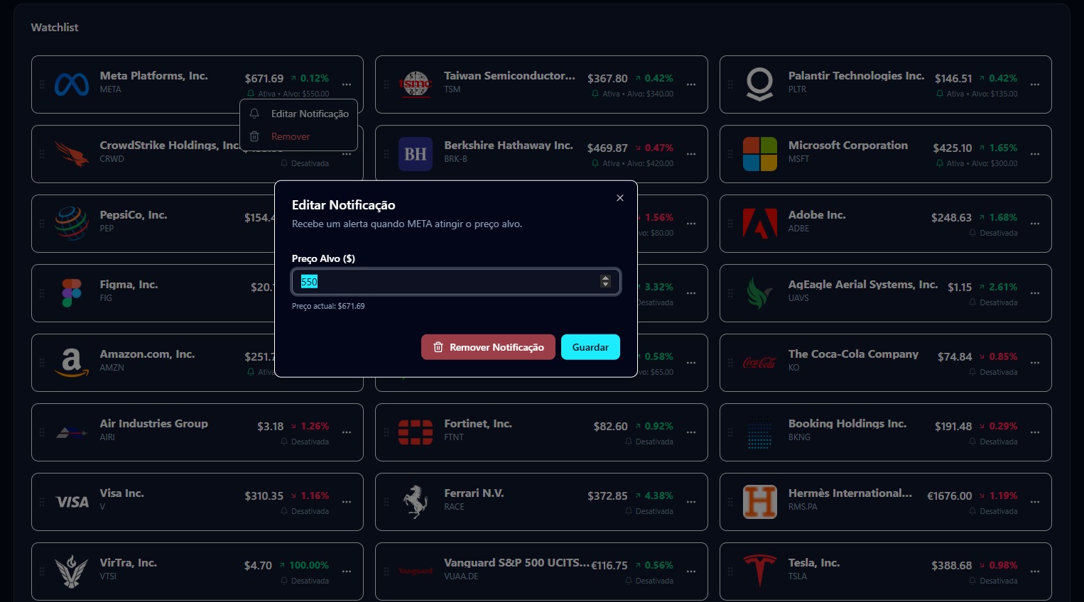 Watchlist inteligente com alertas de preço